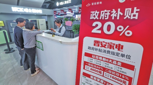近期,浙江省杭州市富陽區(qū)在全面承接省市政策基礎(chǔ)上,結(jié)合本地消費(fèi)市場實(shí)際情況開展以舊換新行動。圖為顧客在富陽晉安家電的收銀臺辦理政府家電以舊換新補(bǔ)貼申領(lǐng)手續(xù)。商場收銀員協(xié)助顧客下載“云閃付App”領(lǐng)取補(bǔ)貼券,最終訂單支付價(jià)格直接扣減補(bǔ)貼金額。新華社